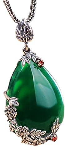 CUSIOALQQ 925 Sterling Silver Garnet Stone Pendant Necklace, Vintage Natural Green Red Jade Gemstone Necklace Pendant, Elegant Gemstone Birthstone Drop Pendant Jewelry Gift for Women