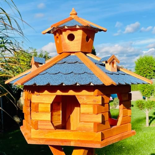 DARLUX Mangeoire hexagonale en bois fabriquée à la main - Résistant aux intempéries - Tailles M à XL - Avec et sans support - Taille XXL - Sans support - Bleu - Marron