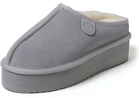 Dearfoams Women's Fireside Greta Genuine Shearling Indoor/Outdoor Clog, Sleet Platform, 9