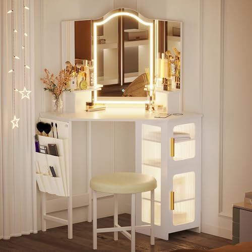 LVSOMT Eckschminktisch Weiß mit Beleuchtung, Schminktisch Eck mit Spiegel und Ladefunktion, LED Schminktische mit Hocker, 3 Färben LED, Moderner Schminktisch Schlafzimmer Holz, 4 Schubladen, Weiss