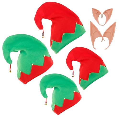 Onlvmyur 4PCS Cappello Elfo Natalizio Con 4 Paia Orecchie - Cappelli di Natale per Adulti e Bambini, Cosplay Costume