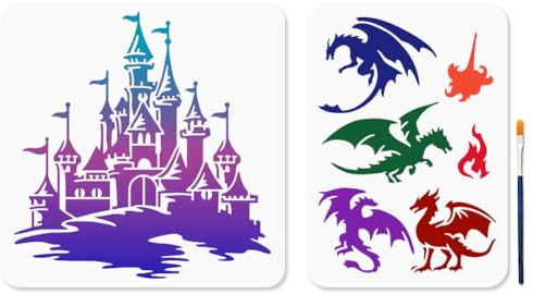 MAYJOYDIY 2Pcs Dragon Animal Stencil Castle Painting Stencil 30×30cm/29.7×21cm with Paint Brush Flying Dragon Flame Art Template Reusable Castle Building Template for Wood Window DIY Craft