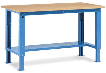FAMI - Banco da Lavoro, con Gambe Regolabili in Altezza e Piano in Legno, Adatto a Garage e Officina, Base d'Appoggio per Attrezzi, Blu, Portata 1000 kg, Dimensioni 150 x 75 x 74/111 cm