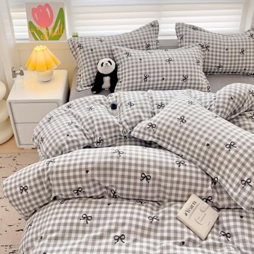 Michorinee Housse de Couette 140x200 à Carreaux Gris et Blanc Motif Cœur Noir Adulte 1 Personne Parure de Lit Microfibre Moderne Housses de Couette avec Fermeture Éclair et 1 Taie d'oreiller 65x65 cm