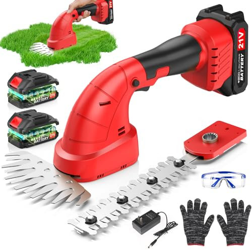 21V Taille Haie Électrique sans Fil 2 en 1 Taille-Herbes Batterie avec 2 Batteries de 2000mAh et Chargeur, 2 Lames de Longueur Coupe Bordures Cisaille Sculpte-Haie de Jardin Tondeuse à Gazon Sécateur