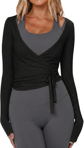 Maglia da Donna a Maniche Lunghe con Scollo a V Profondo e Cravatta Incrociata per Allenamento, Balletto, Pilates, Yoga, Nero, S