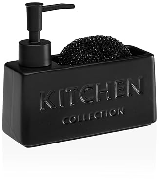 Dispenser Sapone Cucina con Porta Spugna – Dispenser Detersivo Piatti con Spugnetta, Ceramica Effetto Pietra, Design Moderno per Lavello Cucina e Bagno (Nero)