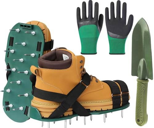 MYSHELL Aerator Shoes for Lawn, Spike Shoes for Self Levelling Floor with Hook & Loop Straps, Including Stainless Steel Shovel and Work Gloves, Spiked Aerating Sandals for Yard Patio Garden Grass Lawn