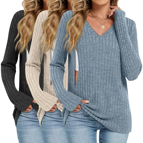 Oakgarden 3 Pack Women's Maternity Nursing Tops, V Neck Breastfeeding Sweaters Long Sleeve Hidden Zipper Shirts(Black, Apricot, Blue,Small)