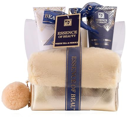 Accentra Set da bagno SALSA ESSENCE OF BEAUTY per donne in borsa dorata, con lozione corpo, gel doccia, schiuma da bagno, fragranza Tè Bianco e Neroli, regalo di lusso per donne