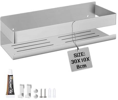 EXLECO Estanteria Baño Pared 30CM Estante Ducha sin Taladro Acero Inoxidable, Cesta da Ducha Autoadhesiva con 2 Ganchos, Repisas Baño Organizador Accesorios para Jabonera Champú y Gel,Cepillado Plata