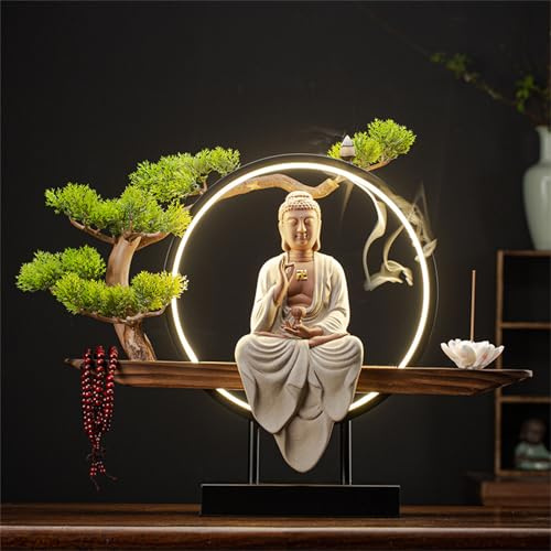 Large Buddhist Statue with Incense Burner And LED Circle Table, Buddha Figure Lamp Wall Light 3D Mural Sconce Lamp Zen Light Wall Decor Hanging Artwork Wall Art for Living Room Incense Porch