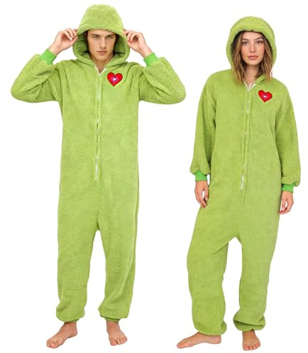 shyhand Adult Green Fluffy Onesie, Christmas Couples Pyjamas, Fleece Home Nightwear for Women Men