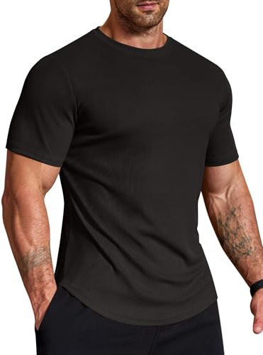 COOFANDY Mens Muscle Slim T Shirts Short Sleeve Longline Tees Summer Moisture Wicking Shirts Black