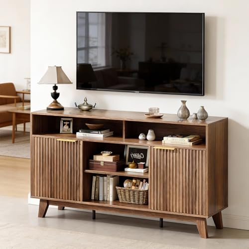 Bonnlo Tall TV Stand Cabinet with Extra Shelf, TV Units for Living Room - 147cm High Wooden TV Stand with Grille Doors & Adjustable Shelves, Walnut Finish Media Console for TVs up to 70 inch