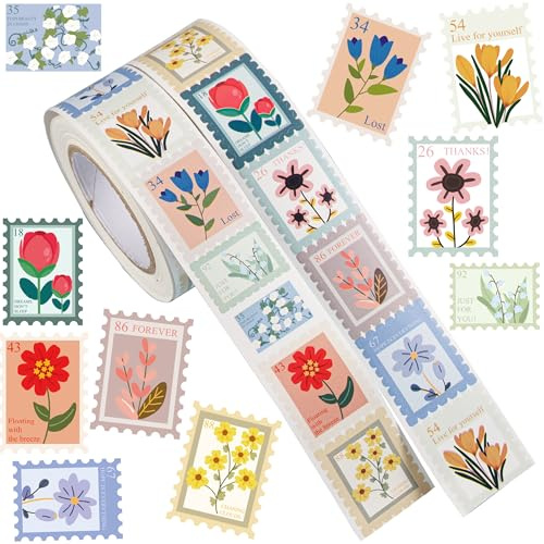 Rusokufo 1000 Pegatinas De Sellos Florales En Rollo, 2 Unidades De Adhesivos Decorativos para Planificadores, Diarios, Álbumes De Recortes Y Tarjetas