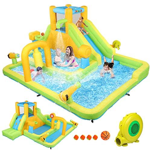 Bonnlo Castillo Hinchable Infanti, Castillo Infantil con Tobogán para Jardín Exterior e Inretior, Oxford 420D+840D (Azul, Amarillo y Naranja, Castillo)