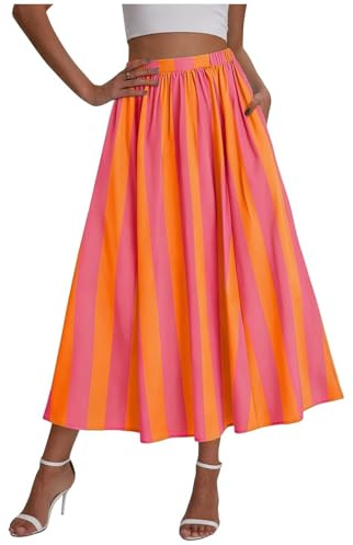 ABLYTMIAQ Boho A-linje långa kjolar för kvinnor UK elastisk hög midja maxikjol casual sommar randiga kjolar, Rosa (Hot Pink), XL