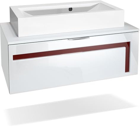 Vladon Mobile da bagno Aloha V2, struttura in bianco opaco/frontali in bianco lucido con sfalsature in bordeaux lucido, con lavabo d'appoggio