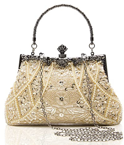BABEYOND Bolso de mano de los años 20 con perlas Gatsby, bolso de mano de noche de los años 20, con cuentas, accesorios para disfraz de Gatsby, Beige, One Size, Retro