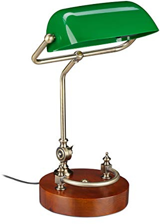 Relaxdays 10030539 banquier, Lampe de bureau, Socle en bois, Abat-jour inclinable, Design antique, Eclairage bibliothèqu, plastique, fer, 43.5 x 26 x 22 cm