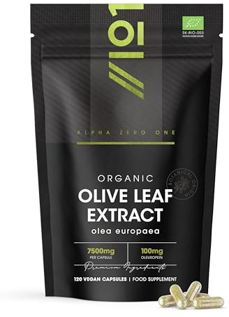 Organic Olive Leaf Extract Capsules 7500mg - 20% Oleuropein – 120 Vegan Capsules - Resealable and Recyclable Pouch by Alpha01