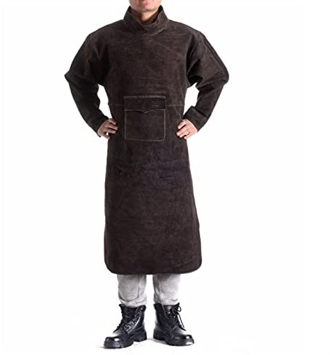 Lederschürze Schweißerschürze mit Werkzeugtasche, elektrische Schweißschutz-Lederschürze, hitzebeständig und flammhemmend (Color : Brown, Size : 120cm)