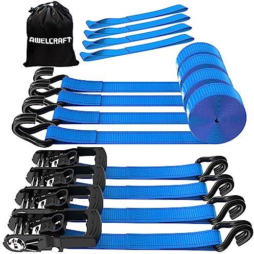 AWELCRAFT Ratchet Straps(4 Pack),3300lb Breaking Strength,1.5in×10ft Heavy Duty Tie Down Ratcheting with Padded Handles,Double J Hooks & 4 Soft Loops for Trailer,Trucks,Motorcycle(Blue)