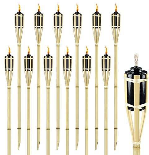 UISEBRT - Antorchas de jardín de bambú para exterior, 12 unidades, con mecha, lámpara de aceite decorativa, altura 90 cm