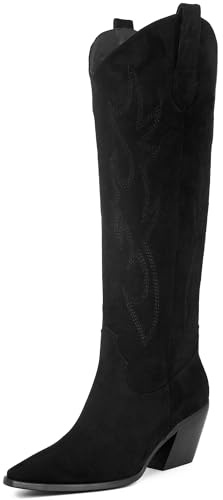 iiimmu Western Boots Women Knee High Pointed Toe and Chunky Low Heel Cowboy Suede Boots with Embroidered, Black, Size 10