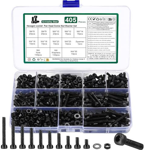 M4 Hex Socket Head Cap Screws Bolts and Nuts and Washers Assortment Kit, 405 Pcs Metric Allen Hex Socket Drive Screws Bolts, 12.9 Grade Alloy Steel, Black Oxide Finish, Fully Threaded