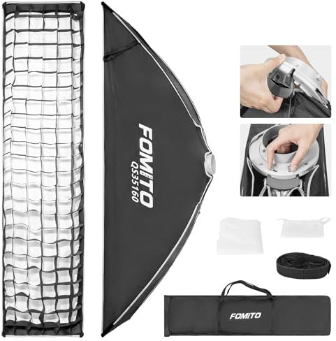 FOMITO Softbox rettangolare con striscia a sgancio rapido, 35 x 160 cm, con supporto Bowens e griglia per fascio di luce, illuminazione per studio fotografico