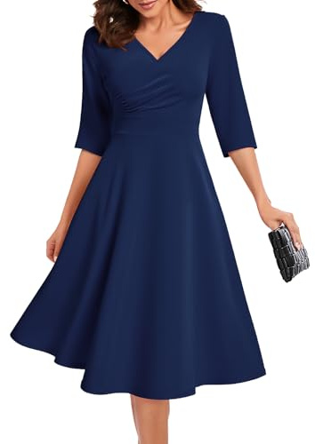 Bbonlinedress Abito da cocktail formale per ospiti di nozze con maniche a 3/4, abito da chiesa, linea ad A, scollo a V, abito da tè midi, Navy, S
