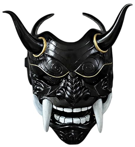 Japansk Hannya-mask, skrämmande samuraj-mask med latex Oni-mask med tänder och oxhorn skräck djävulsmask med elastiskt band för halloween maskeradkostymer, svart