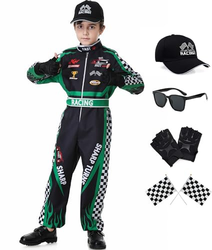 Dzorim Disfraz de Piloto de Coche, Ropa para Pilotos de Carreras, Dress Up con Guantes Gafas de Sol Gorro (Verde, 110)