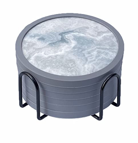 Absorbent Coasters for Drinks with Holder - 6packs, Silicone Coaster with Soft Felt Insert, (4.3 inch Coasters with 4.5 inch Holder, Marble Style)