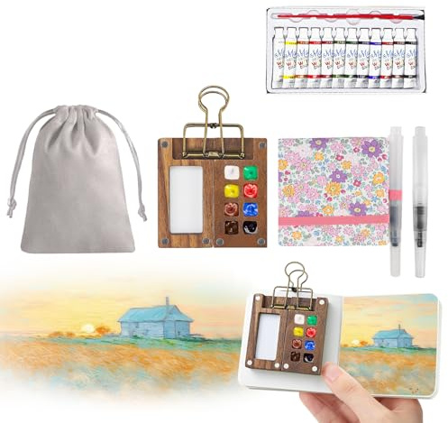 7Pcs Portable Watercolor Palette - 8 Grids Travel Watercolour Paint Set, Portable Travel Painting Set, Lid Foldable Wooden Palette, Sketchbook Brush Watercolour for Painting Lovers, Home Accessories