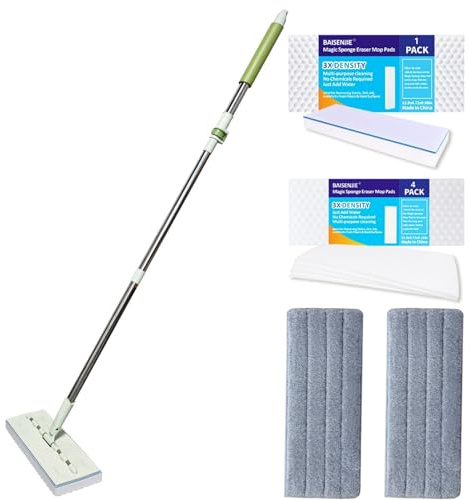 Magic Sponge Eraser Mop, 60 Adjustable Mop Handle with Flexible 13 Flat Head with Microfiber Pad and Magic Sponge Eraser Pads