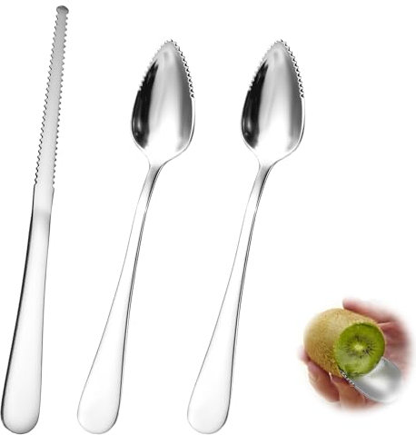 Giantree Cucchiaio da pompelmo in acciaio inox, 3 pezzi, 2 cucchiai di pompelmo in acciaio inox e 1 coltello da pompelmo integratore per alimenti per bambini, cucchiaio per kiwi mele pompelmo