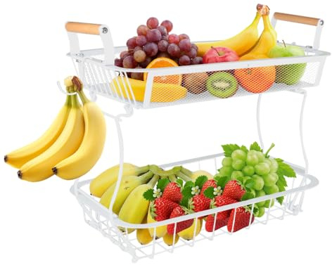 HUOLE Cesta de frutas con 2 perchas para plátanos, cesta de frutas y verduras para encimera de cocina, cesta de malla metálica, cesta de almacenamiento de alambre metálico, 37 x 22 x 33 cm, color