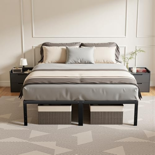 Warmiehomy Marco de cama tamaño King, marco de cama de metal de 36 cm con almacenamiento debajo de la cama y soporte de listones de acero, fácil montaje y sin ruido, 150 x 200 cm, color negro