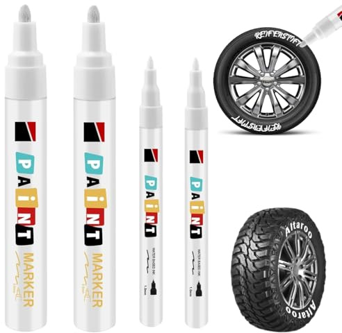 YAYNO 4 Stück Reifenstift Weis Wasserfest Auto Reifen Stift Weiß Hohe Kapazität Reifenstift Weissreifenstift Weis Wasserfest für Auto Motorrad Reifen, Glas, Metall, Gummi (1mm & 3mm)