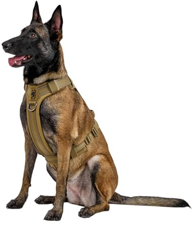 OneTigris Arnés para perros, diesel, ajustable, táctico, suave, acolchado, arnés para perros medianos y grandes, con reflectante, 1 asa, 3 anillas en D (marrón, XL)