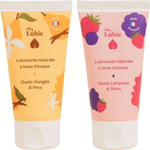 My Lubie - Duo di Lubrificanti Aromatizzati Vaniglia/Pera & Lampone/Mora | 2x50ml | Base Acqua, Naturali & Vegan | Arricchiti con Acido Ialuronico e Prebiotici | Prodotto in Francia