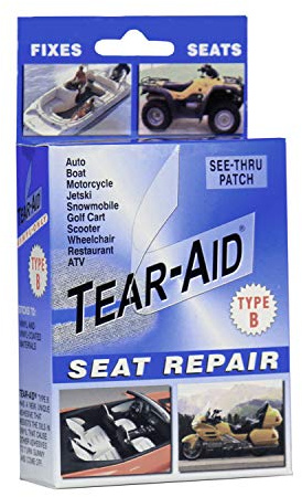 TEAR-AID Vinyl Seat Repair Kit, Type B Clear Patch for Vinyl and Vinyl-Coated Materials, Works On Cars, Motorcycles, Jetski, Boats & More, Blue Box, Single Pack