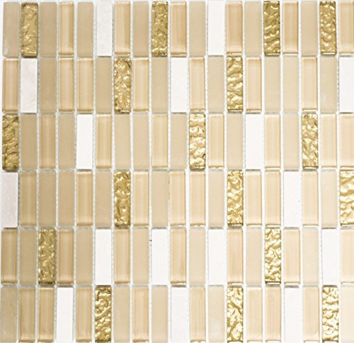 Mosaik-nätverk mosaikplatta stänger Crystal/sten mix vit matt/guld glas natursten kakelspegel, mosaiksten format: 15 x 50 x 8 mm, bågstorlek: 322 x 310 mm, 10 bågar