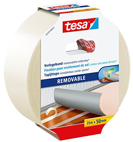 tesa Verlegeband rückstandsfrei entfernbar - Gewebeverstärktes, doppelseitiges Klebeband zum Verkleben von Teppich- und PVC-Bodenbelägen - 25 m x 50 mm