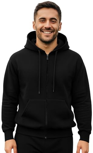 Urban Road Men’s Plain Fleece Zip Hoodie – Full Zip Hooded Sweatshirt with Pockets, 50/50 Cotton Polyester, Casual & Workwear, Regular & Plus Sizes Black