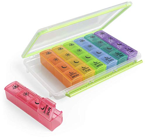 Ezy Dose Weekly (7-Day) Pill Case, Medicine Planner, Vitamin Organizer Box, Convenient and Easy to Use, X-Large Pop-Out Compartments, 4 Times a Day, Rainbow Lids with Case, BPA Free