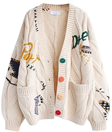 Sweaters for Women Cartoon Cute Loose Knit Cardigan Female Japanese College Style Sweater Coat (Color : White, Size : One Size)
